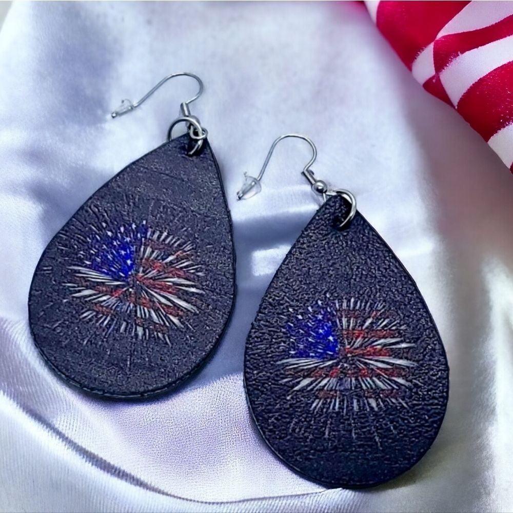 Holiday Earrings Fireworks American Flag Leather Dangle Ear Jewelry Patriotic 16$